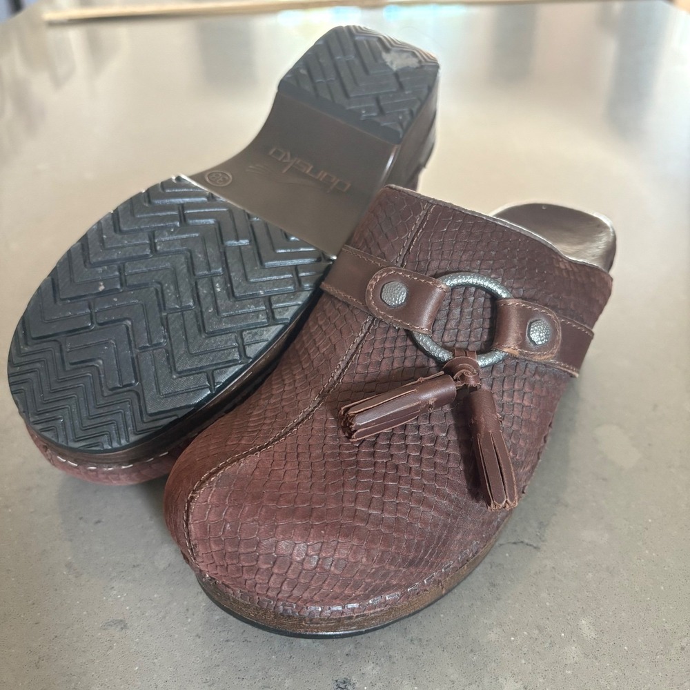 Dansko Brown Textured Mules with Tassel Detail